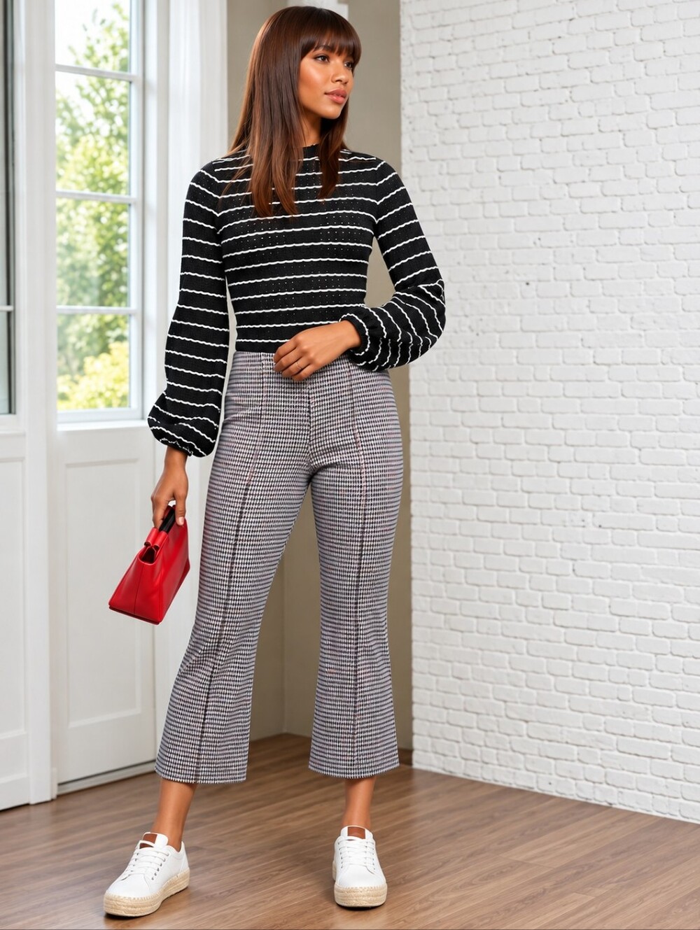 ❤️ EVA FRANCO HOUNDSTOOTH HIGH RISE CROP FLARE KNIT PANTS, PULL ON, XS